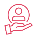 Red icon of an open hand with a person symbol above it, enclosed in a circle.