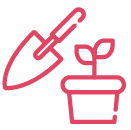 Red outline of a gardening trowel and potted plant with two leaves.