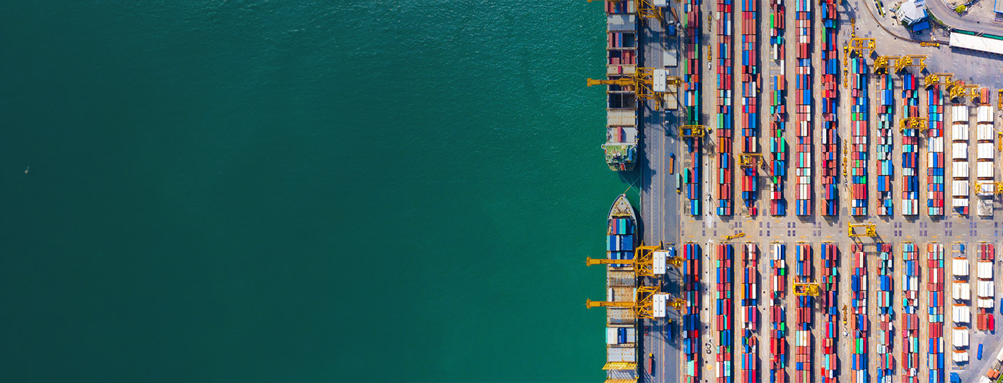 Aerial view of a shipping port with rows containers, cranes along the dock, and two docked ships.