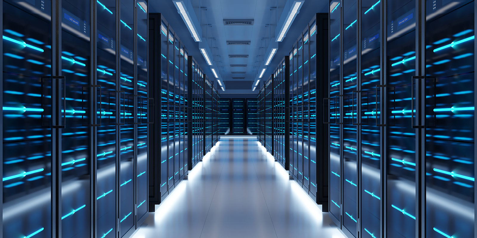 Corridor in a data centre with rows of blue-lit server racks on both sides, leading to a door at the far end.