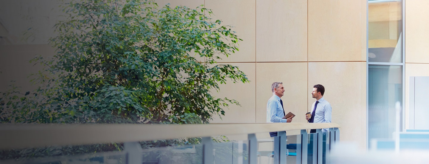 Two people in business attire talking outdoors, with a large green plant nearby.