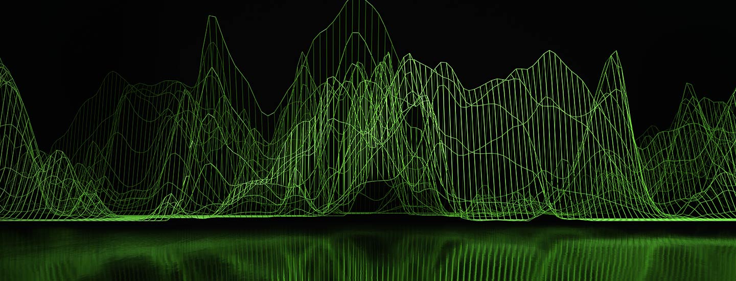 3D wireframe graph with green lines on black background, showing peaks and mirrored reflections.