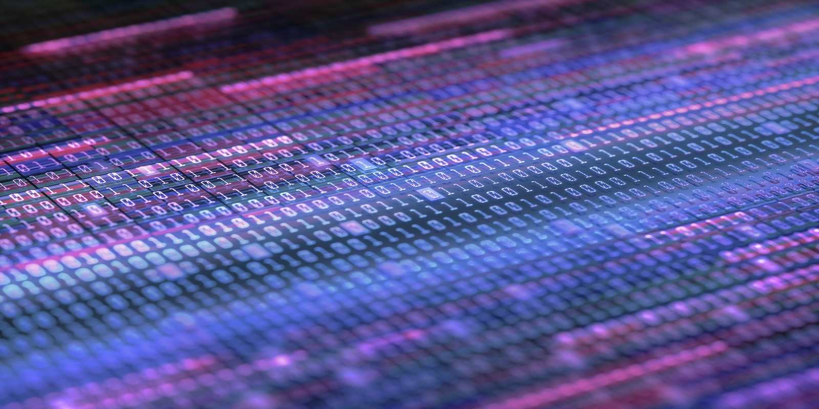 Abstract grid of binary code in blue, pink, and purple tones.
