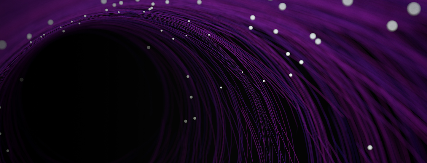 Abstract tunnel of converging purple lines and white dots suggesting data flow and privacy, leading to a central void.