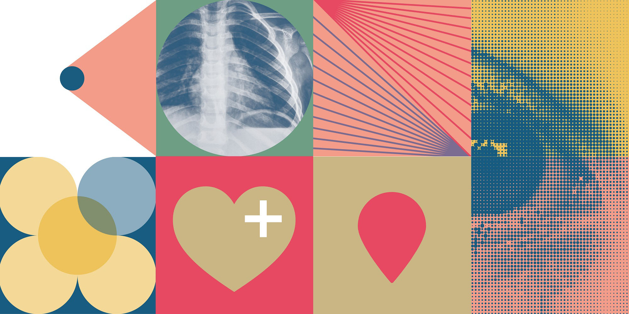 Abstract collage of eight sections featuring geometric shapes, medical imagery, colourful patterns, and symbolic icons including a heart, teardrop, and eye.