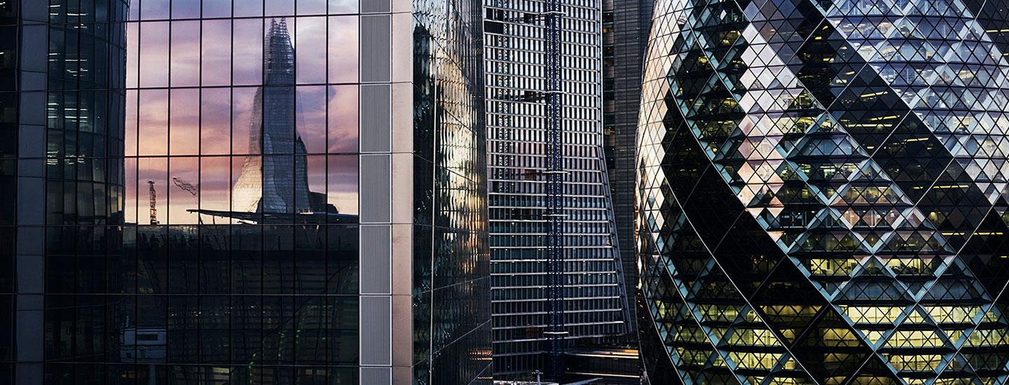 A cityscape with modern skyscrapers